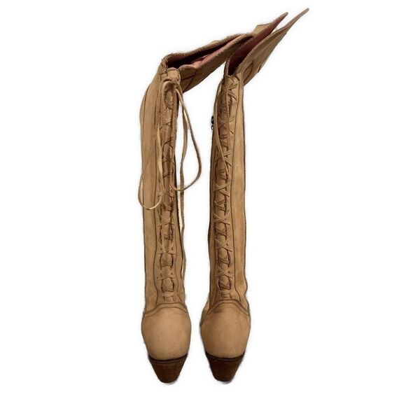 Junk Gypsy Genuine Leather Solid Beige Lace Up Over Knee Western Boots 8.5 - Picture 3 of 8